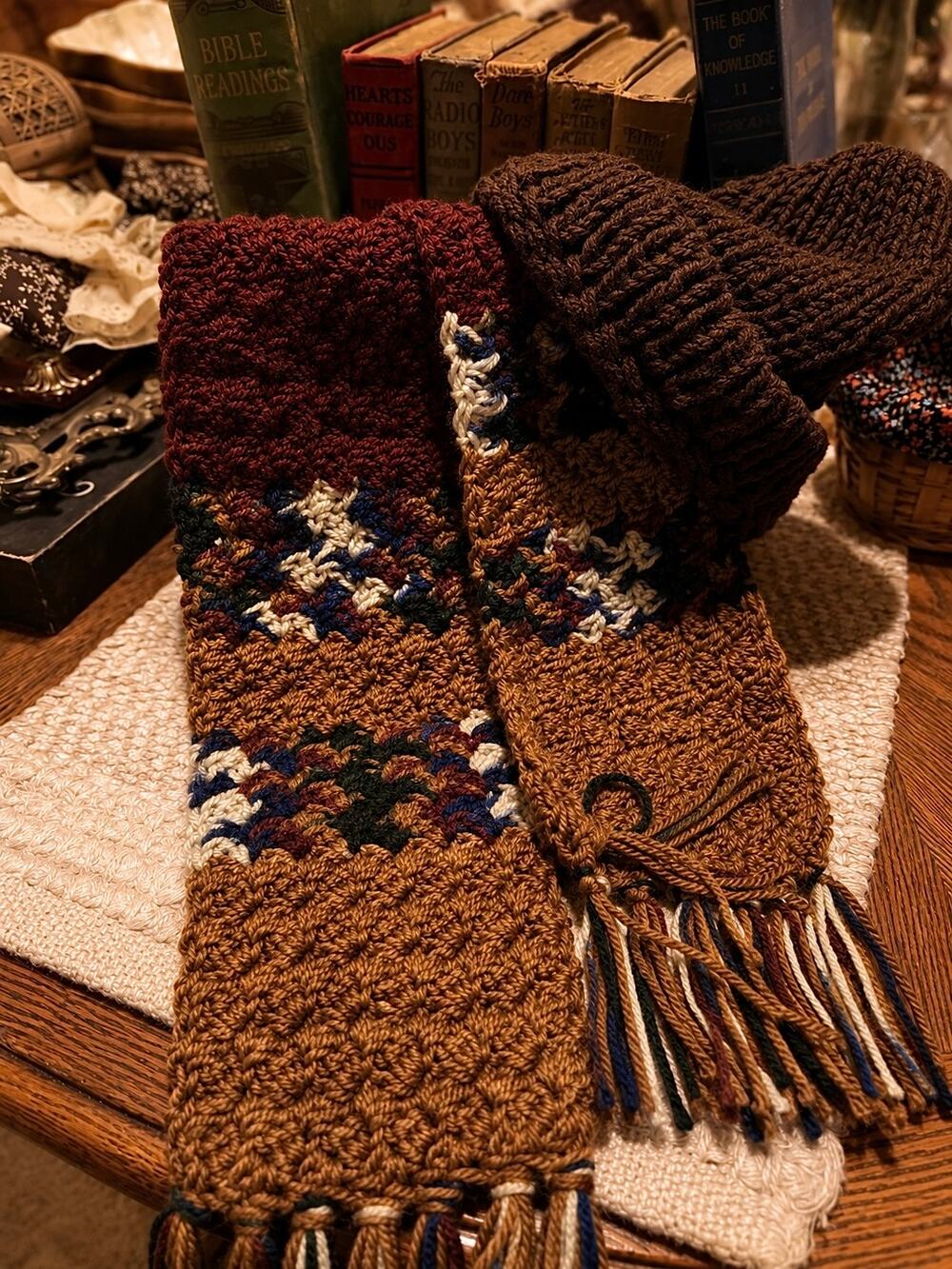 Handmade Crochet Scarf With Hat - Brown, Blue, Cream, Maroon